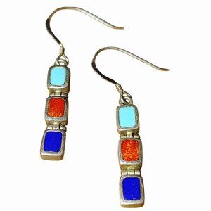 Native American Dangle Earrings Sterling Bezel Set Inlaid Turquoise Coral Lapis